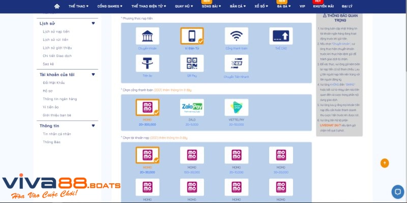 Nạp tiền tại Viva88